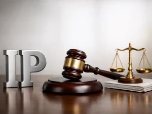 IP letters with gavel and scales of justice