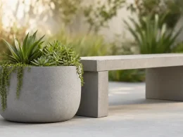 Concrete planter with succulents by bench