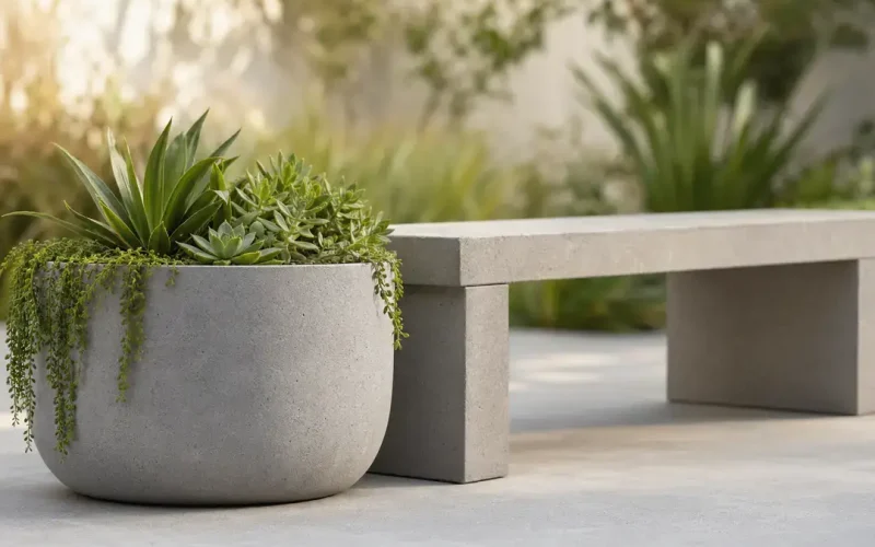 Concrete planter with succulents by bench